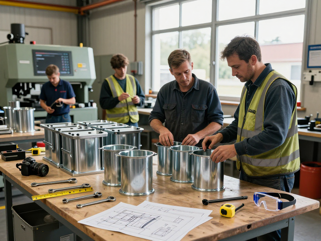 I cassoni ribaltabili vengono assemblati da un team di lavoratori in un ambiente industriale sicuro e ben illuminato.